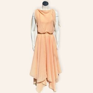 1970s Peach Bias-Cut Dress w/ Peak & Valley Hem + Shoulder Ties size 4